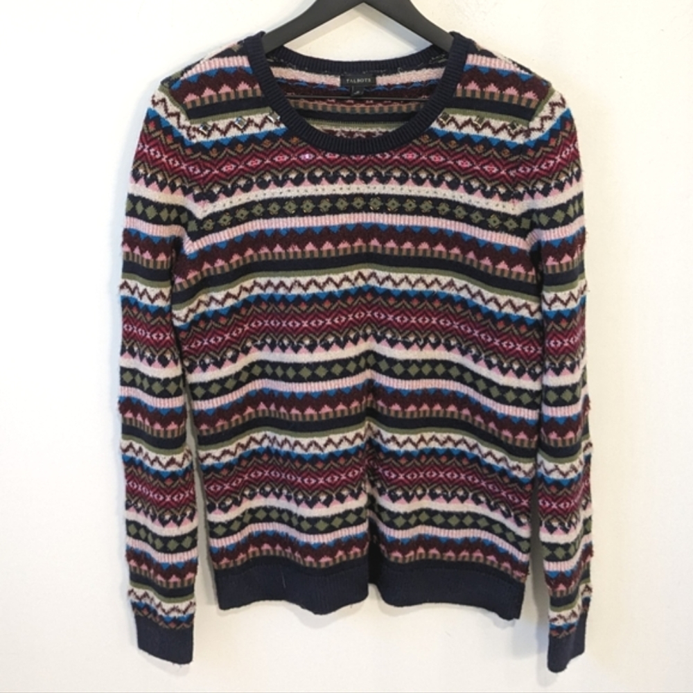Talbots Wool Blend Multicolored Fair Isle Beaded Neckline Crewneck Sweater